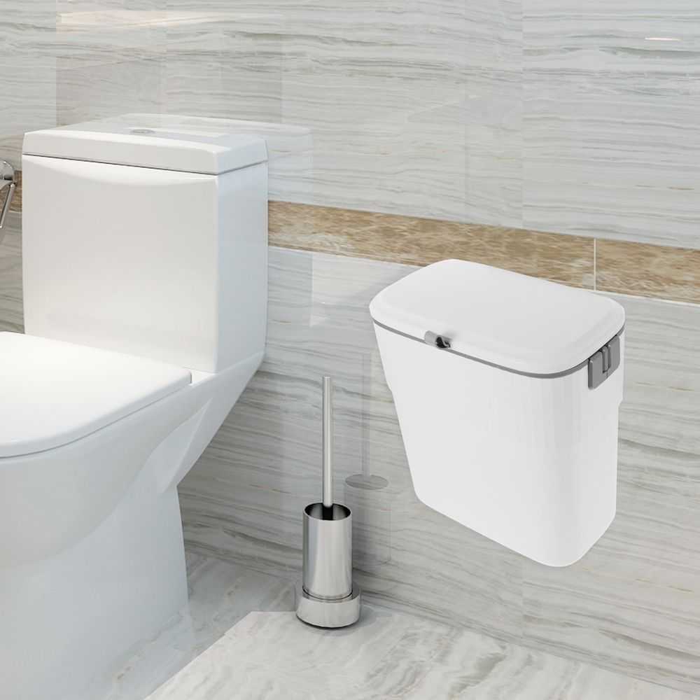White PP ABS wall-mounted trash bin with a smooth rectangular body, rounded corners, and a hinged lid