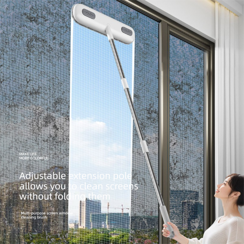 Window Fly Screen Cleaner with a white microfiber brush head and adjustable stainless steel pole for reaching screens