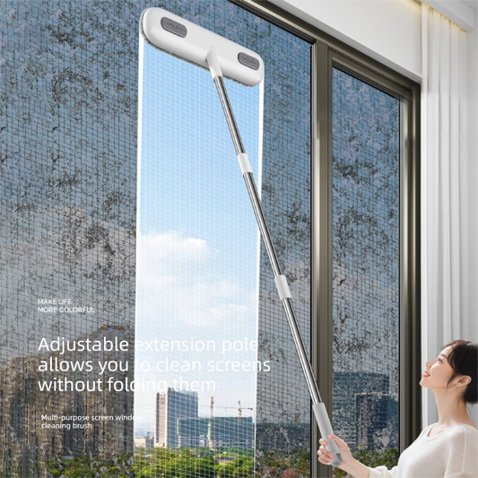 Window Fly Screen Cleaner with a white microfiber brush head and adjustable stainless steel pole for reaching screens