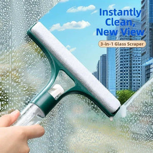 Window Squeegee with Built-in Sprayer in dark green with a white sponge and clear spray bottle handle, wiping wet glass