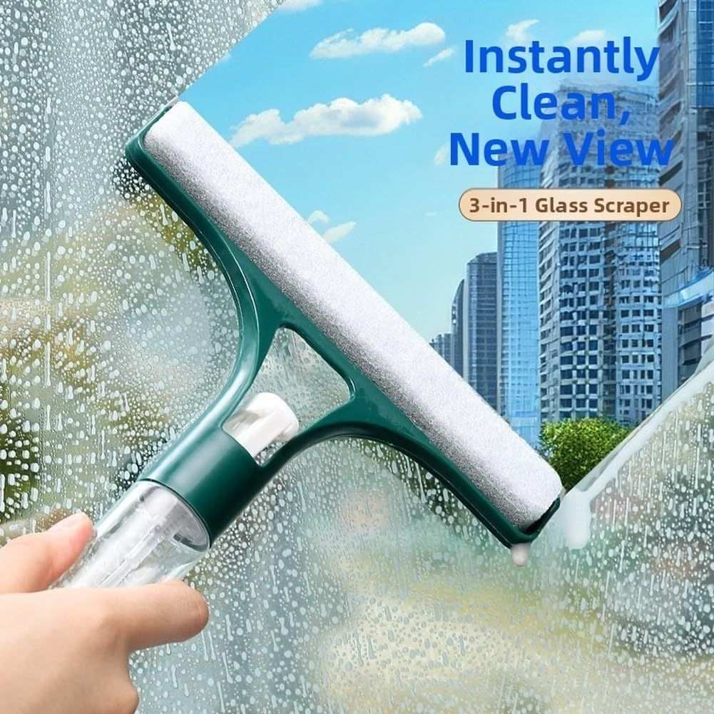 Window Squeegee with Built-in Sprayer in dark green with a white sponge and clear spray bottle handle, wiping wet glass