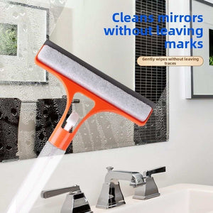 Window Squeegee with Built-in Sprayer in orange with a white sponge head and dark rubber blade for wiping glass.