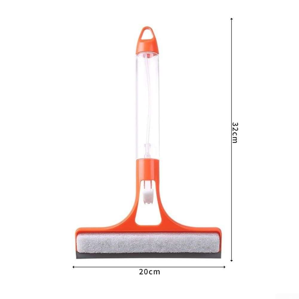 Window Squeegee with Built-in Sprayer in orange with a clear reservoir, hanging loop, and wide grey sponge cleaning head