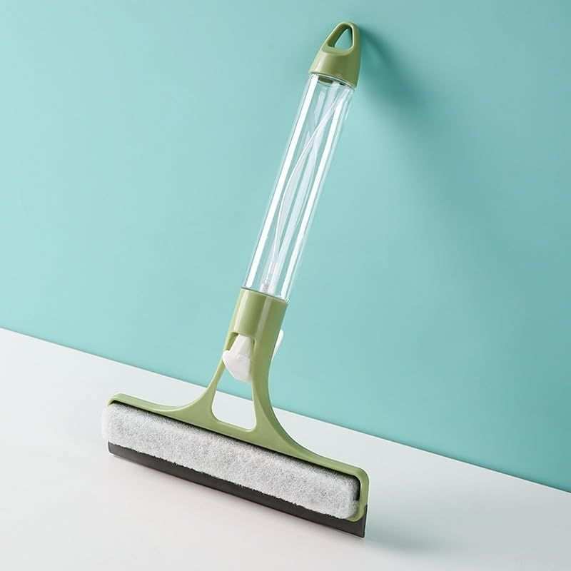 Window Squeegee with Built-in Sprayer in pale green plastic, with a clear reservoir, white sponge strip and dark rubber blade