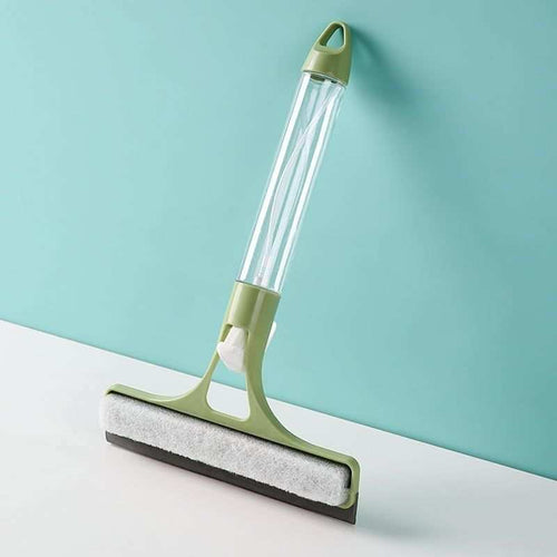 Window Squeegee with Built-in Sprayer in pale green plastic, with a clear reservoir, white sponge strip and dark rubber blade