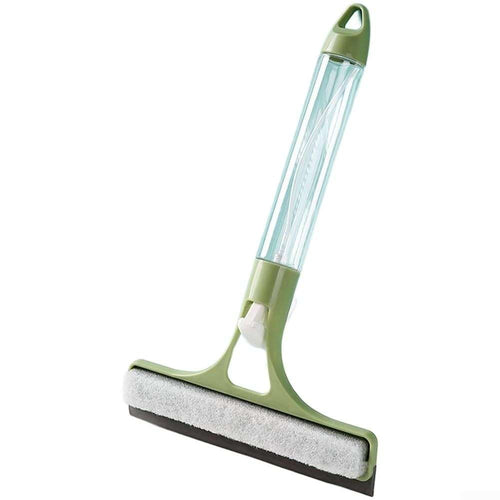 Window Squeegee with Built-in Sprayer in pale green plastic, with a clear water reservoir, white sponge pad and dark rubber blade