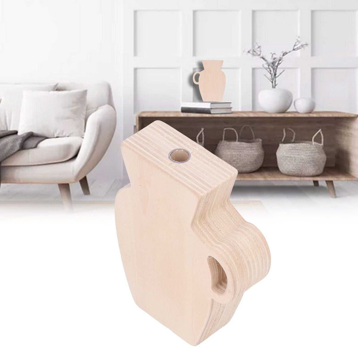 Wood Vase in pale natural wood with layered grain, an angled top opening and a distinctive curved, sculptural body