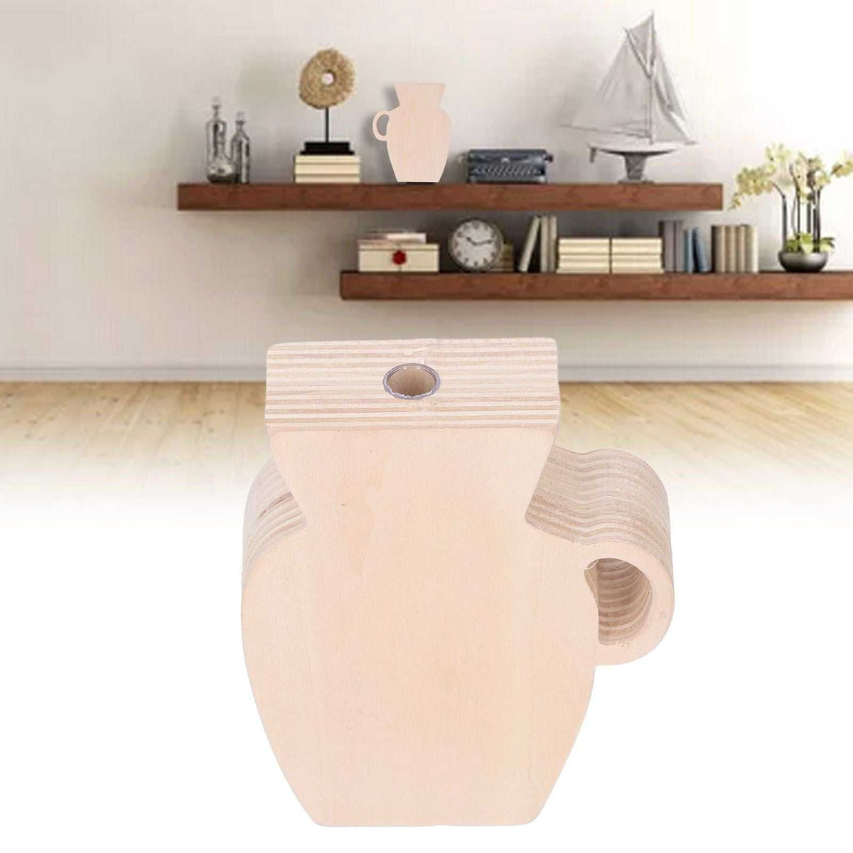 Wood Vase in pale natural wood with a smooth, unpainted finish, sculpted body and a small opening at the top