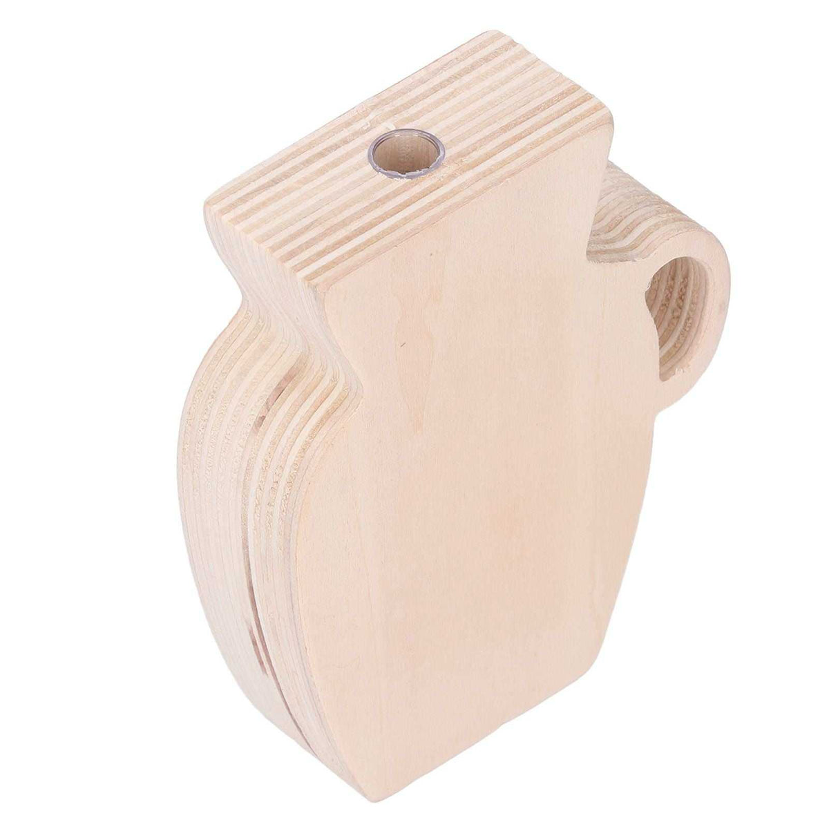 Wood Vase in pale natural pinewood with visible striped grain, sculpted body, top opening and curved side handle