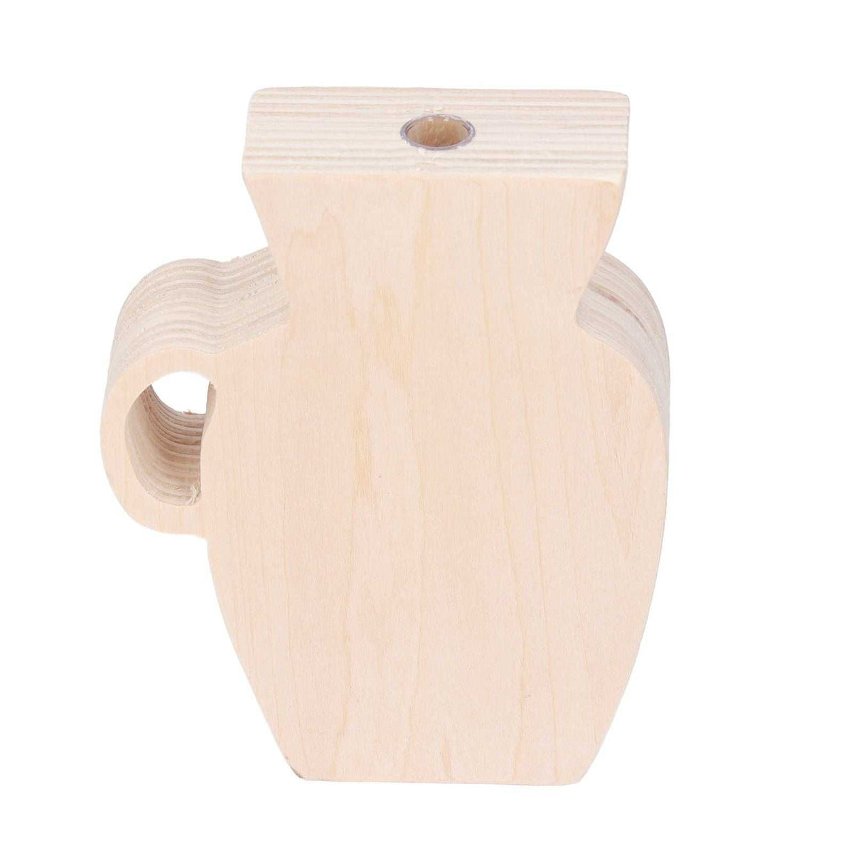 Wood Vase in pale unpainted pinewood, with a rounded body, flared top, narrow opening and carved side handle