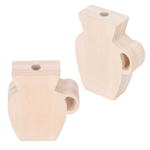 Wood Vase in pale unpainted wood with a sculptural block shape, round opening and curved side handle-like detail