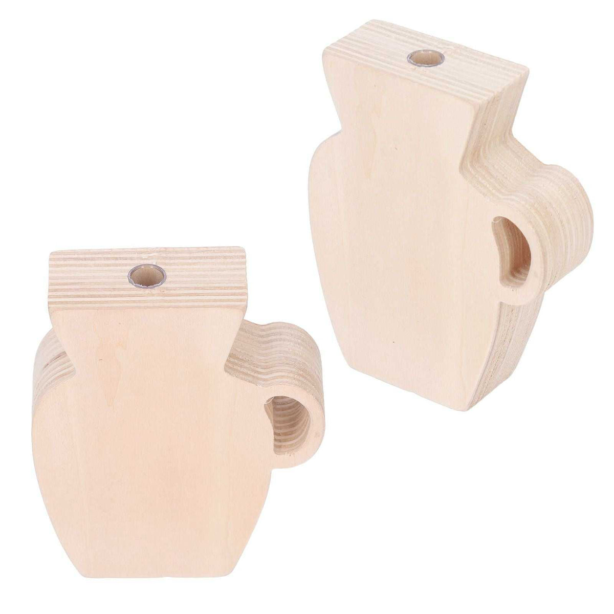 Wood Vase in pale unpainted wood with a sculptural block shape, round opening and curved side handle-like detail
