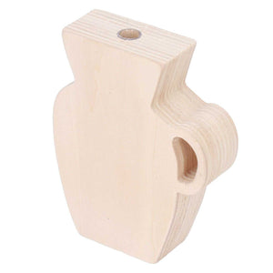 Wood Vase in pale unpainted wood with a compact sculpted body, top opening, and curved side handle-like cutout