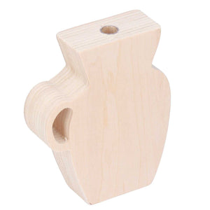 Wood Vase made from pale unpainted wood, with a sculpted rounded body, flat top opening, and side cutout
