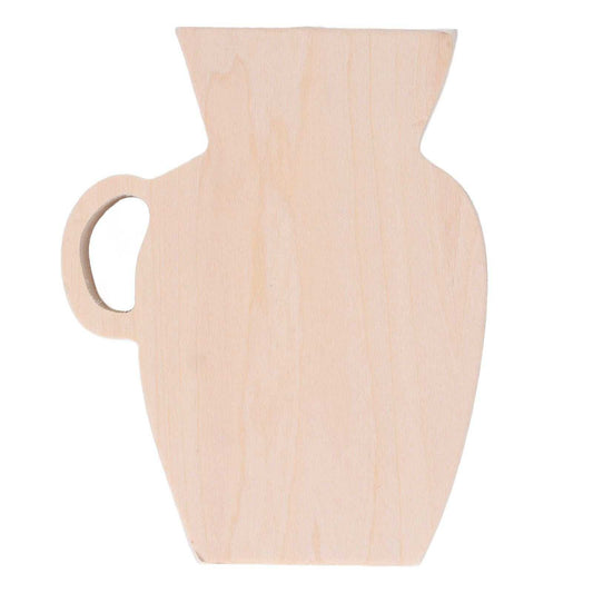 Wood Vase in pale unpainted wood with a smooth finish, rounded body, flared rim and small side handle