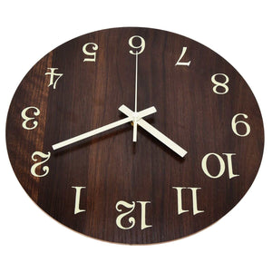 Wood Wall Clock with a dark brown wood-grain face, oversized cream numerals, and contrasting pale hands