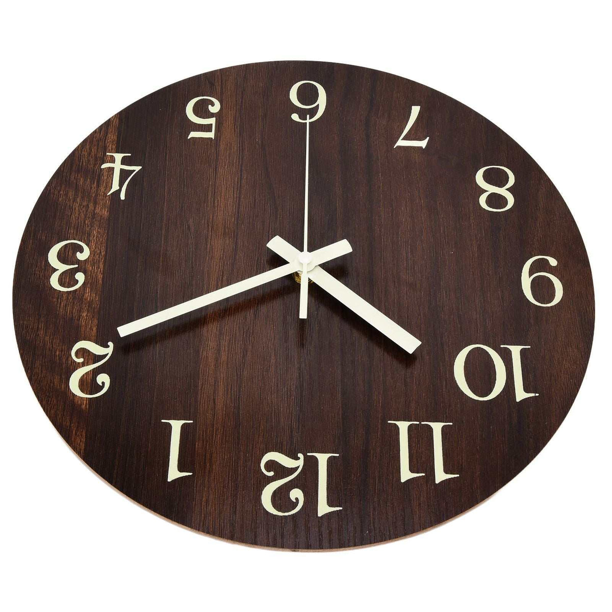 Wood Wall Clock with a dark brown wood-grain face, oversized cream numerals, and contrasting pale hands