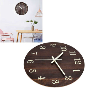 Wood Wall Clock with a dark brown wood-grain face, cream oversized numerals, and contrasting white hands in a frameless design