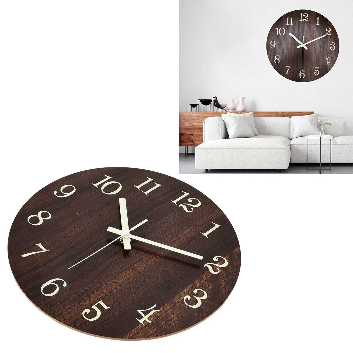 Wood Wall Clock with a dark brown wood-grain face, large cream numerals and slim white hands in a frameless design