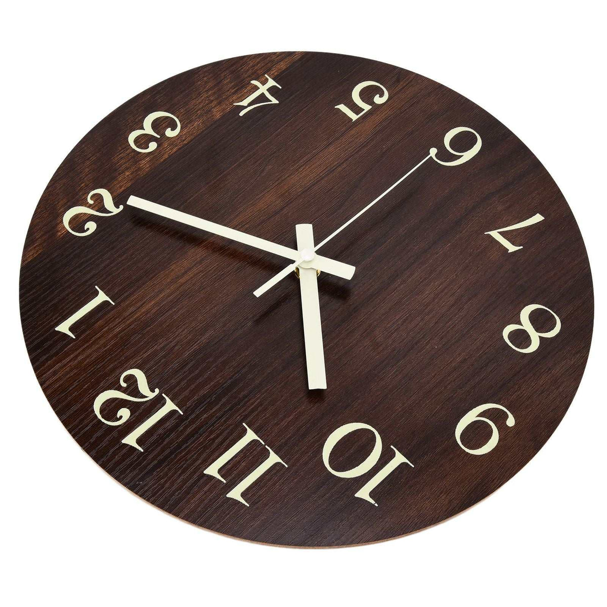 Wood Wall Clock with a dark brown wood-grain face, oversized cream numerals and matching hands in a frameless design