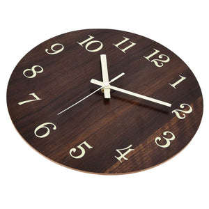 Wood Wall Clock with a dark brown wood-grain face, large cream numerals and matching hands in a frameless round design