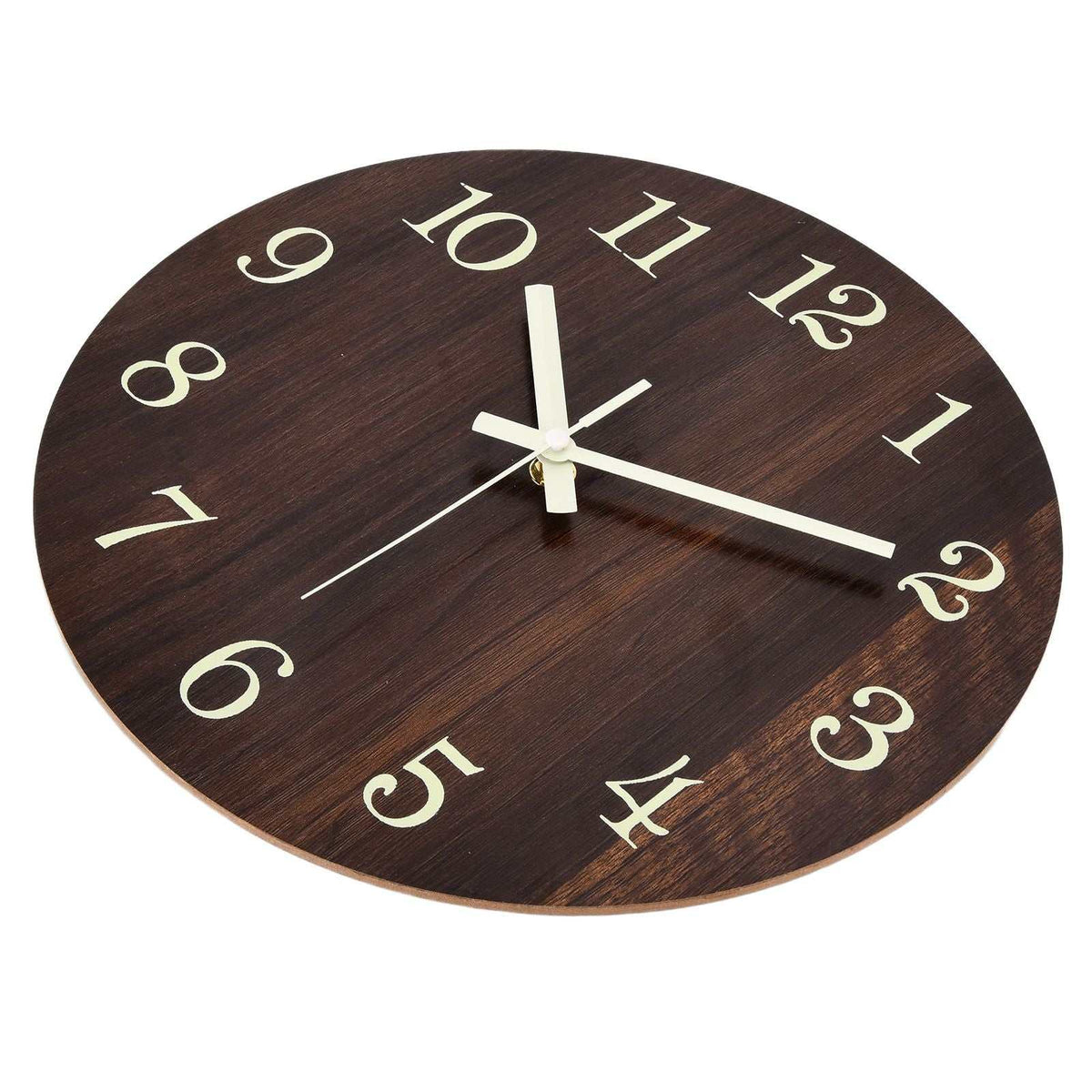 Wood Wall Clock with a dark brown wood-grain face, large cream numerals and matching hands in a frameless round design