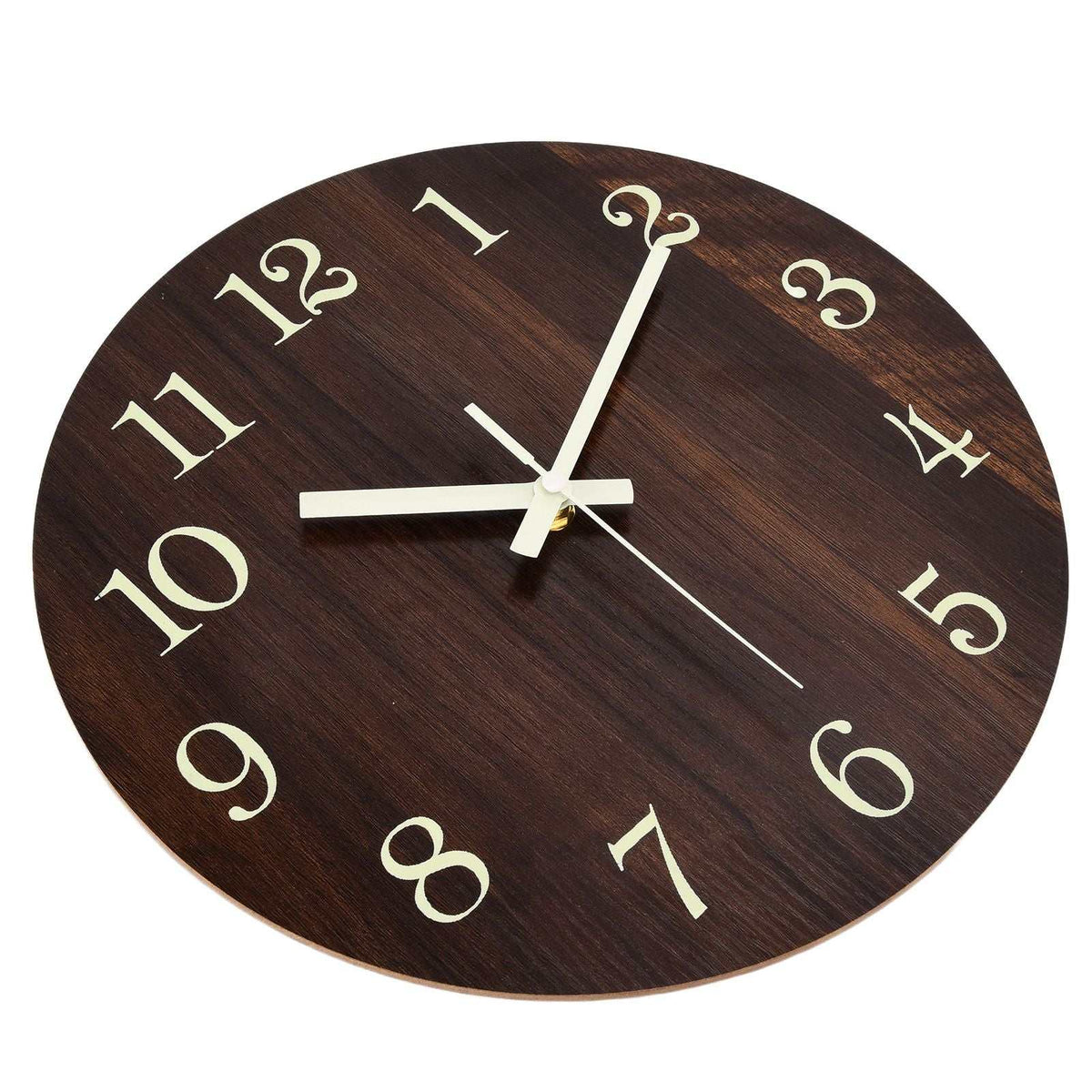 Wood Wall Clock with a dark brown wood-grain face, large cream vintage numerals and slim cream hands