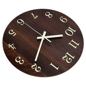 Wood Wall Clock in dark brown wood grain with cream stylized numerals and white hands on a round face