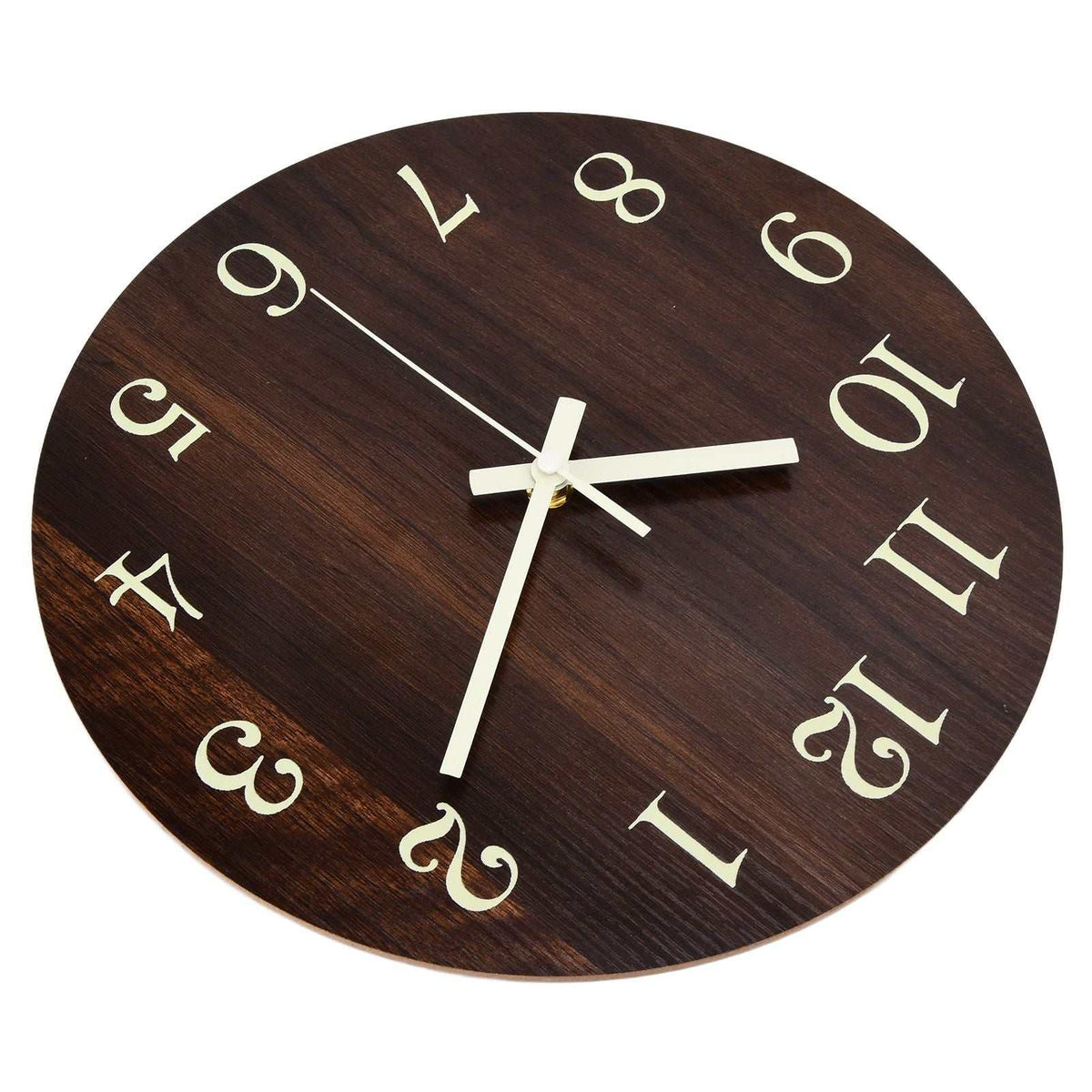 Wood Wall Clock in dark brown wood grain with cream stylized numerals and white hands on a round face
