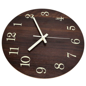 Wood Wall Clock in dark brown wood grain with cream oversized numerals and matching hands in a frameless round design