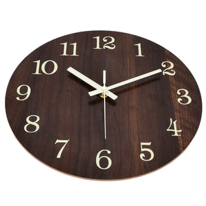 Wood Wall Clock with dark brown wood-grain face, cream vintage numerals and contrasting white hands in a frameless design
