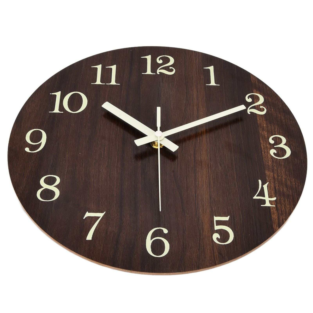 Wood Wall Clock with dark brown wood-grain face, cream vintage numerals and contrasting white hands in a frameless design