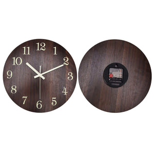 Wood Wall Clock in dark brown wood-grain finish with raised cream numerals, slim hands and a frameless round design