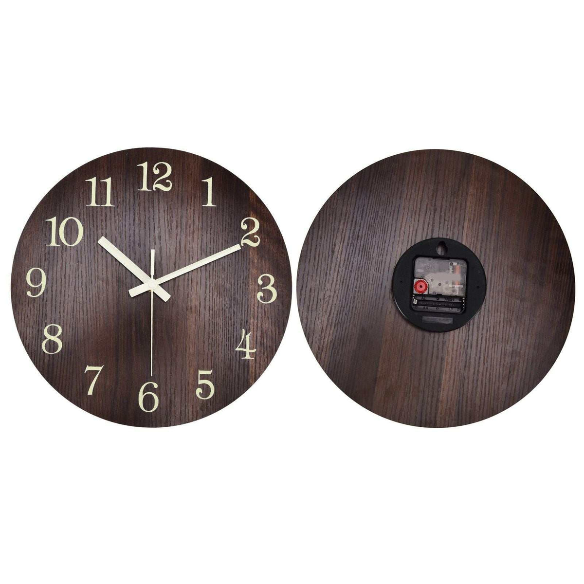 Wood Wall Clock in dark brown wood-grain finish with raised cream numerals, slim hands and a frameless round design