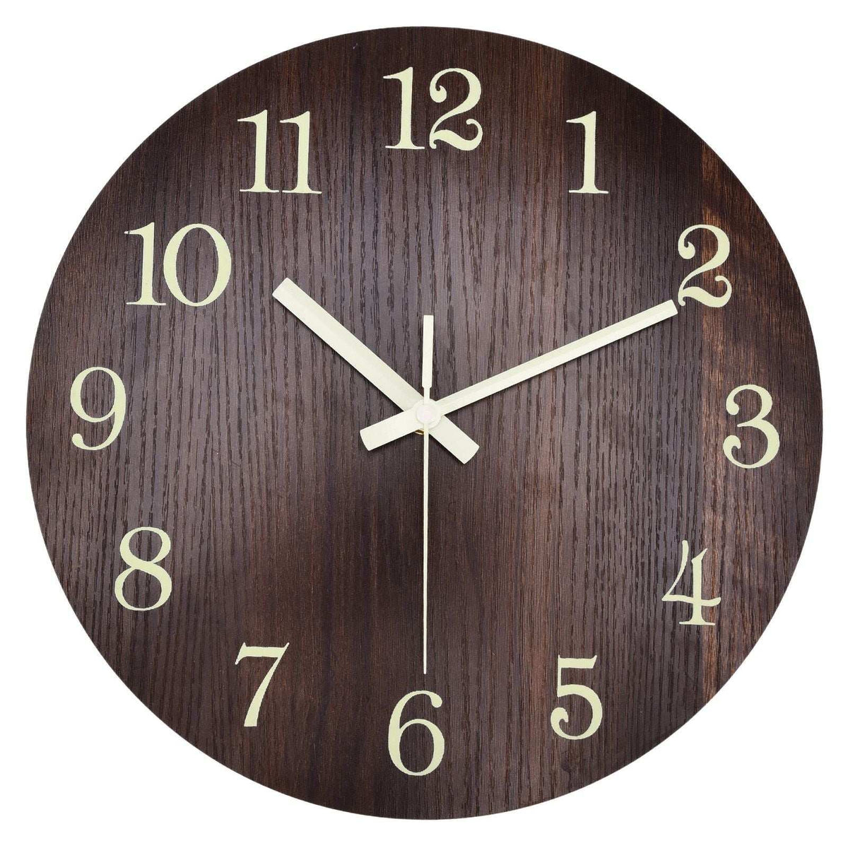Wood Wall Clock in dark brown wood-grain with cream numerals and hands, featuring a frameless round design