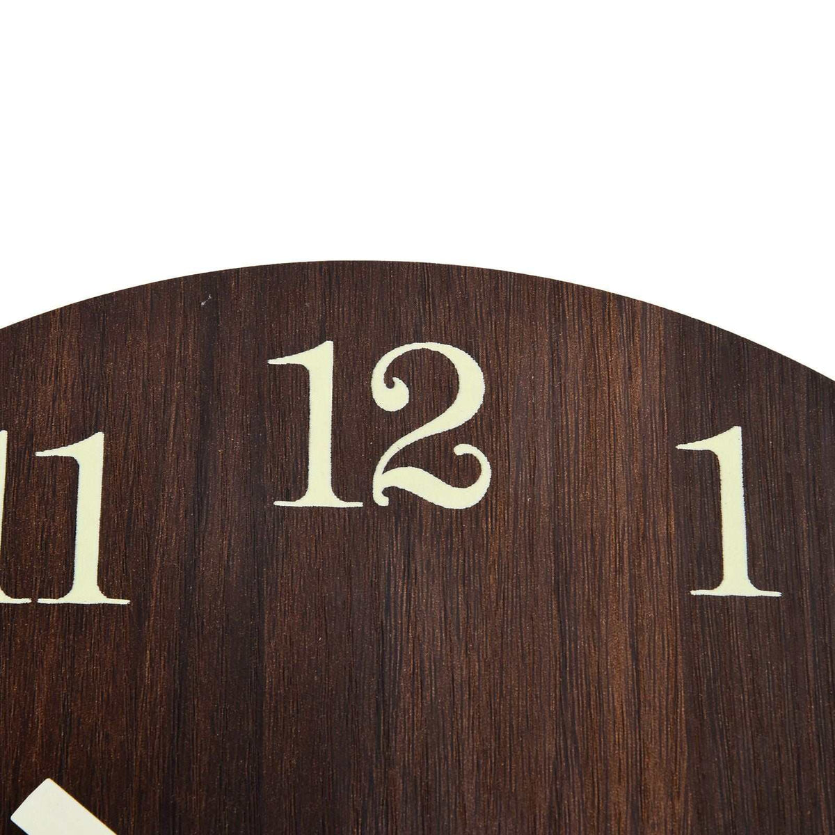 Wood Wall Clock in dark brown wood grain with large cream vintage-style numerals and a frameless curved edge