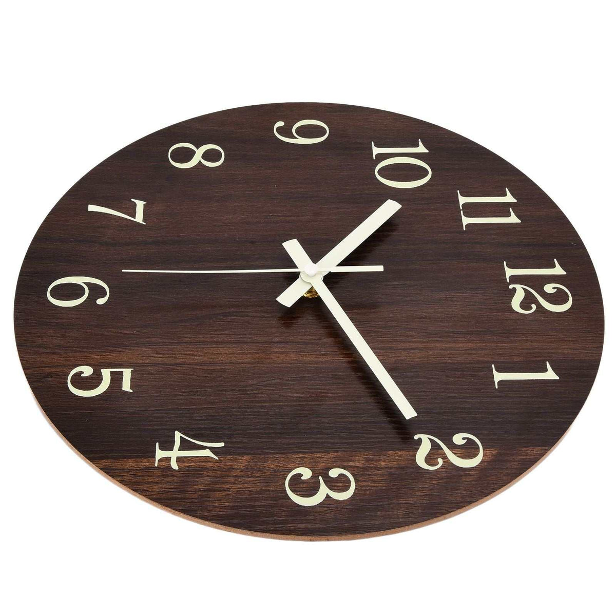 Wood Wall Clock with a dark brown wood-grain face, cream vintage numerals and matching hands in a frameless design