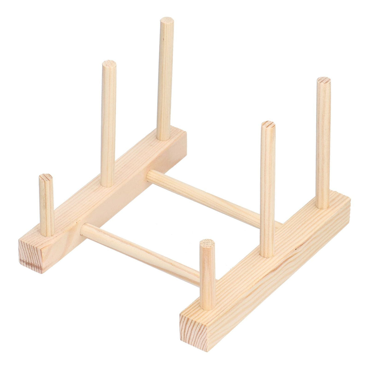 Wooden Dish Plate rack made from pale pine wood, with two rails and upright pegs for holding plates