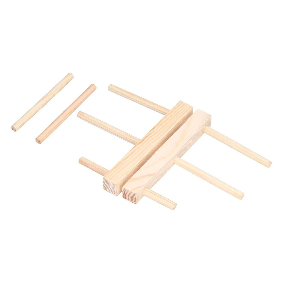 Wooden Dish Plate rack kit in pale natural pine with two side bars and several loose dowel sticks for assembly