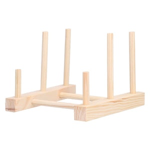Wooden Dish Plate rack made from pale natural pine, with two parallel slatted rails and upright dowel dividers