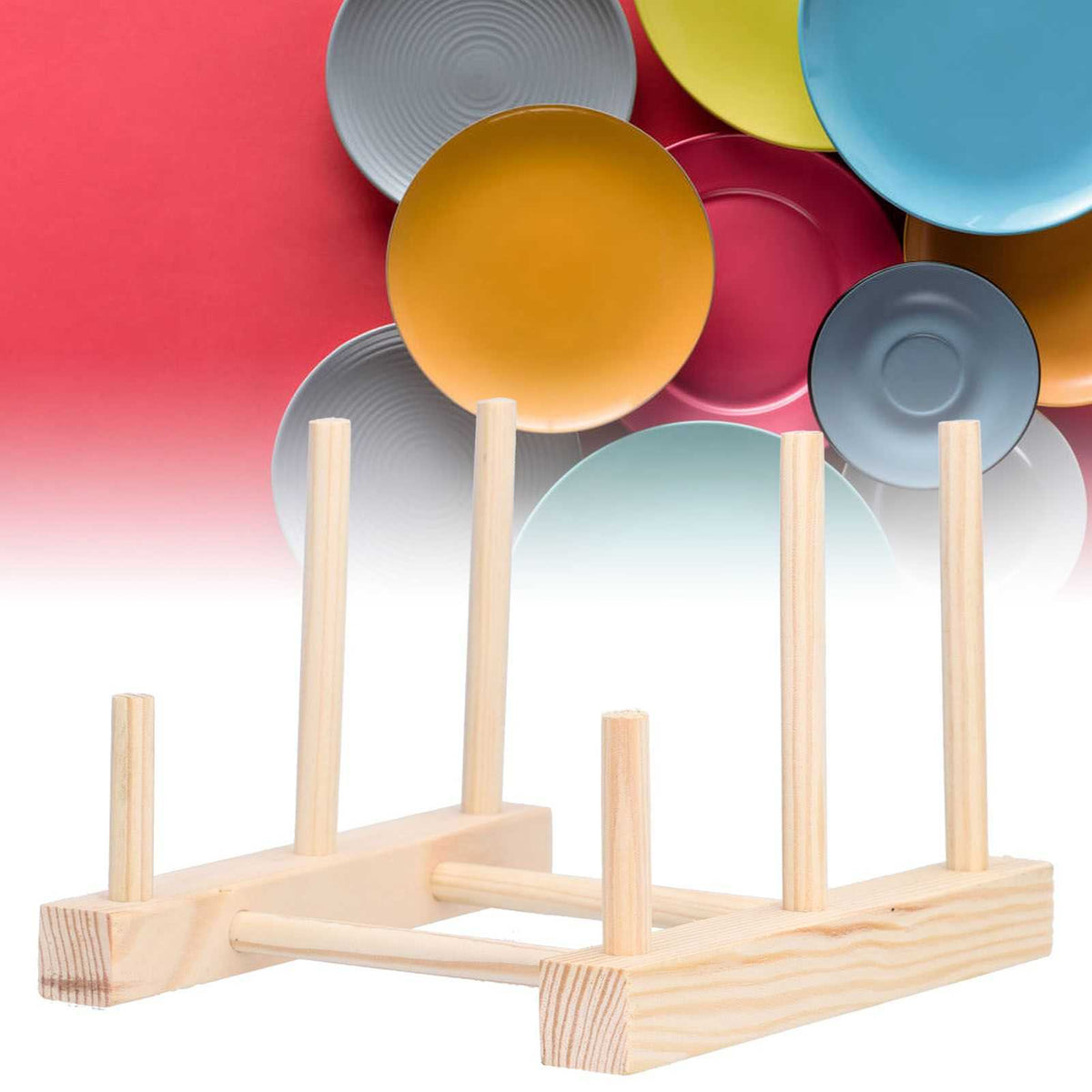 Wooden Dish Plate rack in pale natural pine with grooved side rails and upright dowels for organising plates