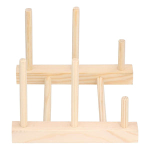 Wooden Dish Plate rack in pale natural pine with two horizontal rails and upright pegs for organizing dishes