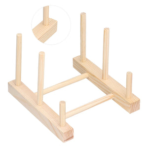Wooden Dish Plate rack in pale natural pine, with two long wooden rails and upright pegs for holding dishes