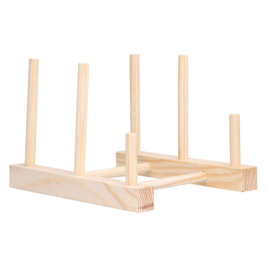 Wooden Dish Plate rack in pale pine wood with smooth rectangular rails and upright dowels for holding dishes