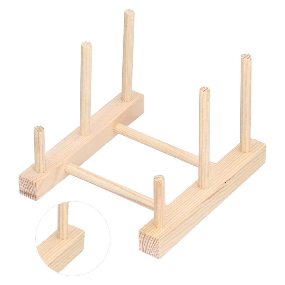 Wooden Dish Plate rack in pale natural pine with parallel rails and upright dowels for organizing dishes