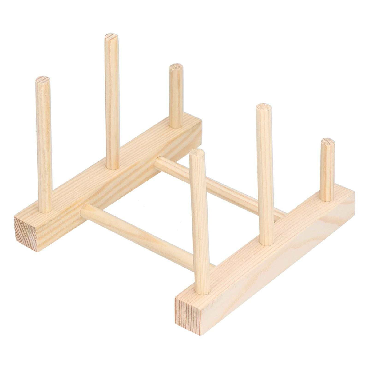 Wooden Dish Plate rack in pale natural pine with smooth grain, two parallel rails and upright pegs for organizing dishes