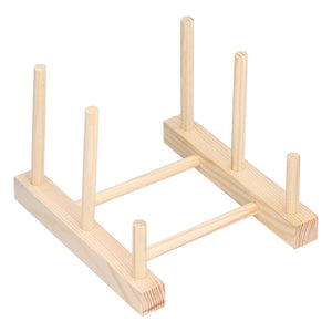 Wooden Dish Plate rack made from pale natural pine, with two slatted rails and upright pegs for organising dishes