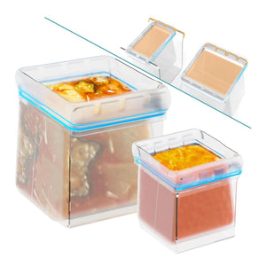 Ziplock Bag Holder set of clear acrylic food storage containers with blue-sealed lids and orange contents