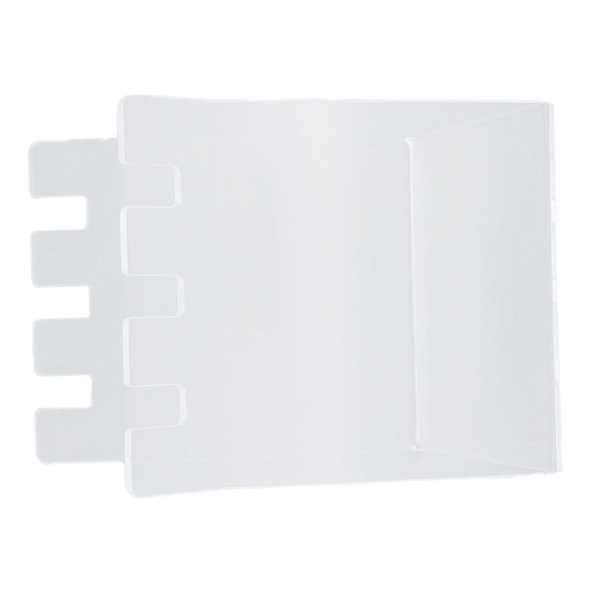 Ziplock Bag Holder made from clear acrylic with a flat rectangular panel and several stepped notches along one edge
